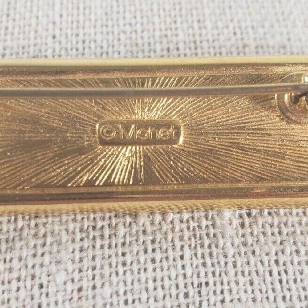 Brooch Pin - Signed Monet - Rectangle - Faux Pearls Rhinestones  Black Gold Tone - Picture 9 of 9